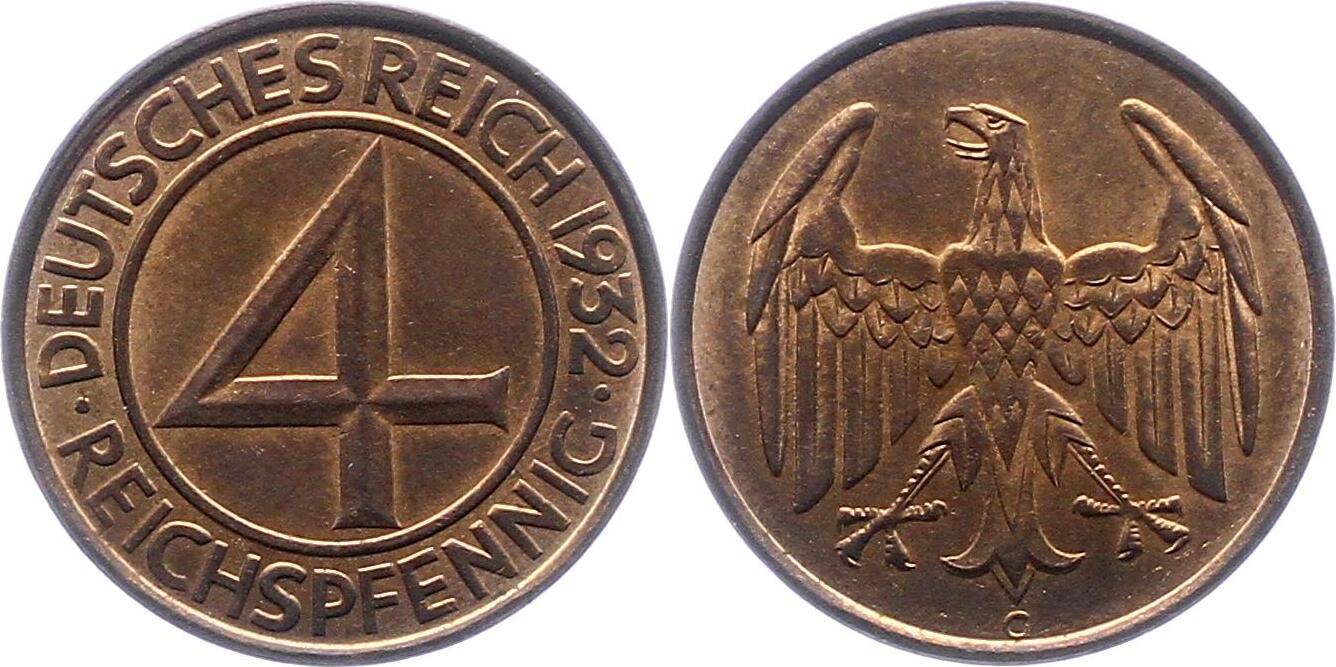 Weimarer Republik 4 Reichspfennig 1932 G Vorzüglich Stempelglanz MA