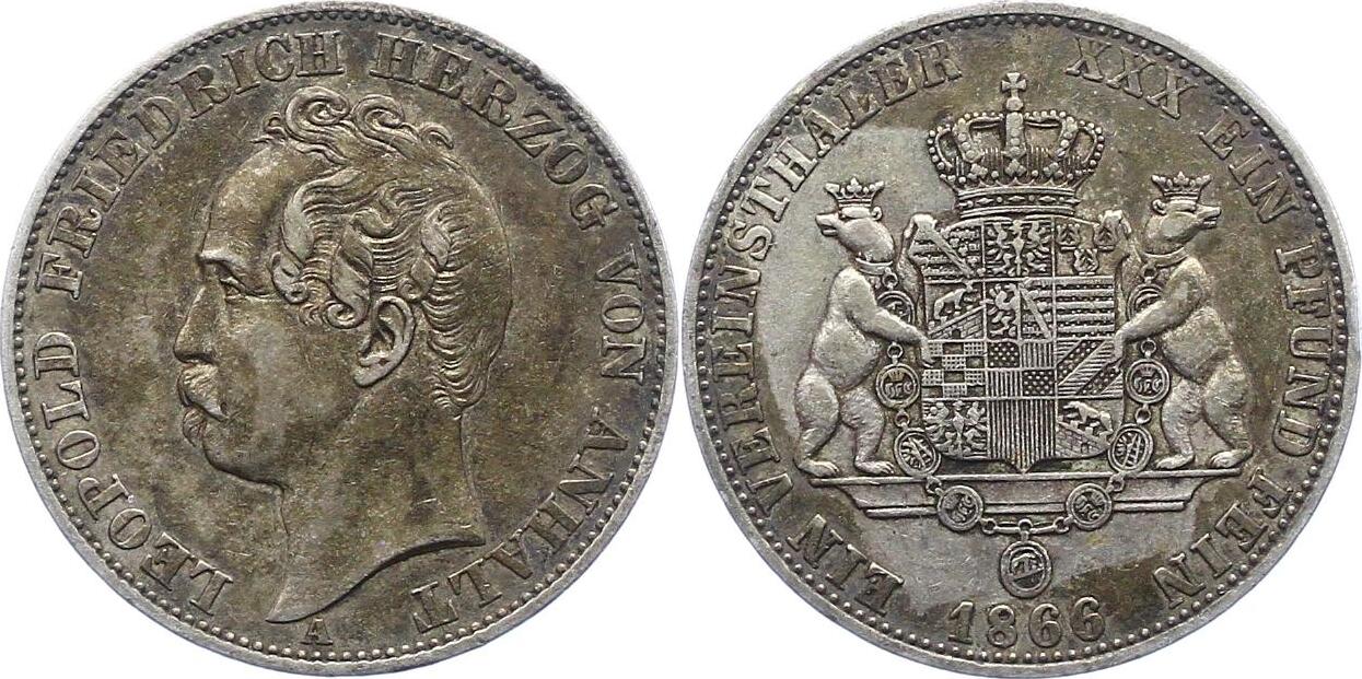 Anhalt Dessau Taler 1866 A Leopold Friedrich 1817 1871 Schöne Patina