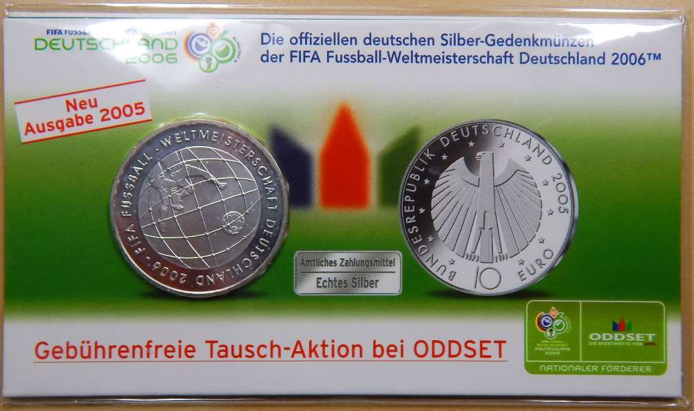 BRD 10 Euro 2005 Fußball WM Tornetz st Silber oddset Blister