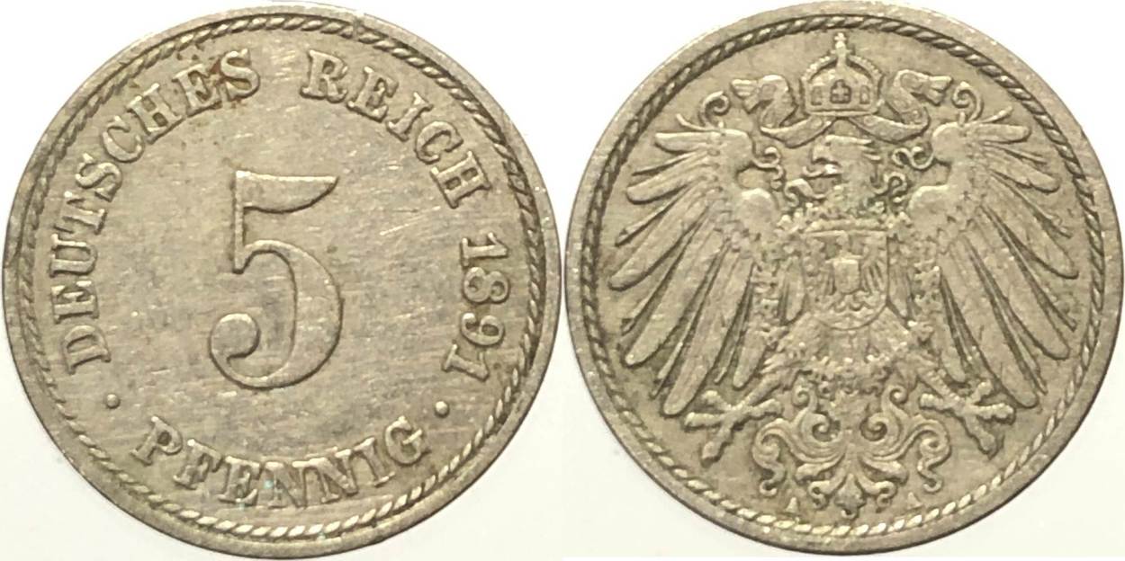 Deutschland 5 Pfennig 1891 A Kaiserreich Ss Vz MA Shops