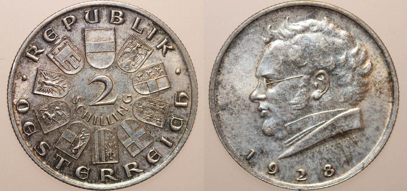 Österreich 2 Schilling 1928 Erste Republik Doppelschilling SCHUBERT ss