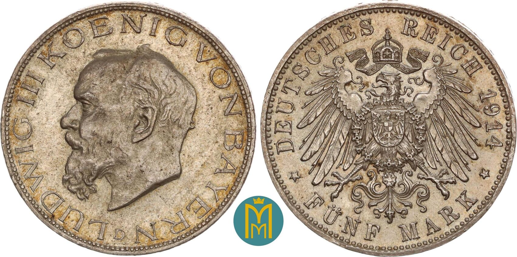 Kaiserreich Bayern 5 Mark 1914 D Ludwig III 1913 1918 vorzüglich