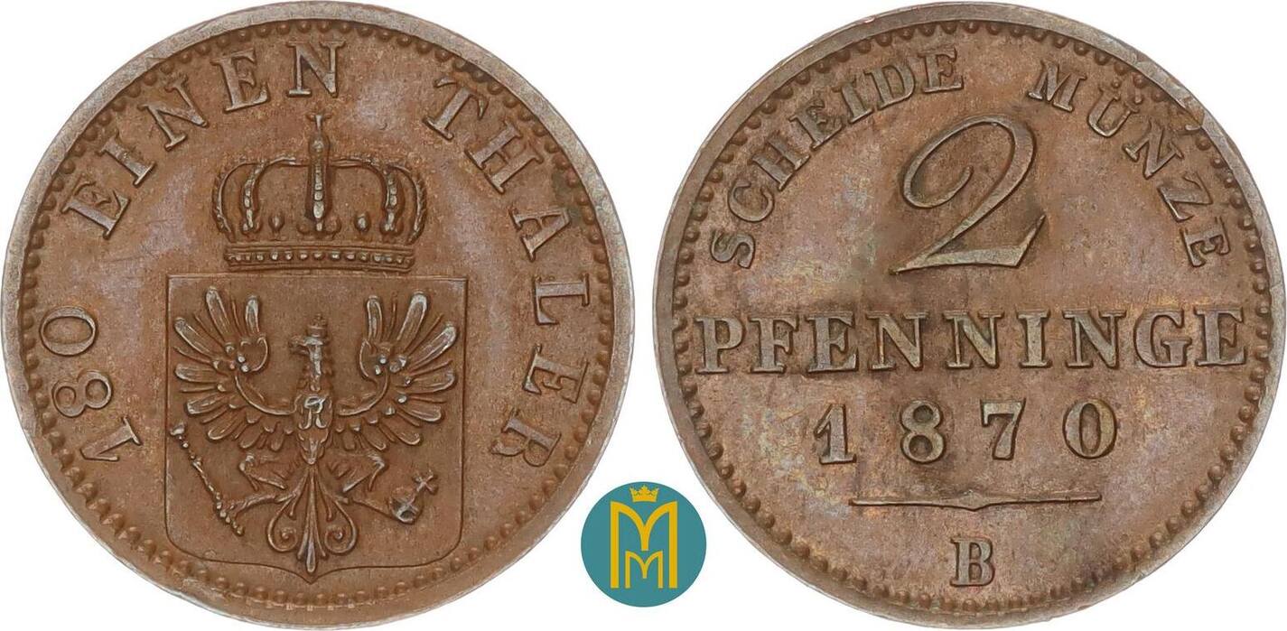 Brandenburg Preussen 2 Pfennig 1870 B Wilhelm I 1861 1888 sehr schön