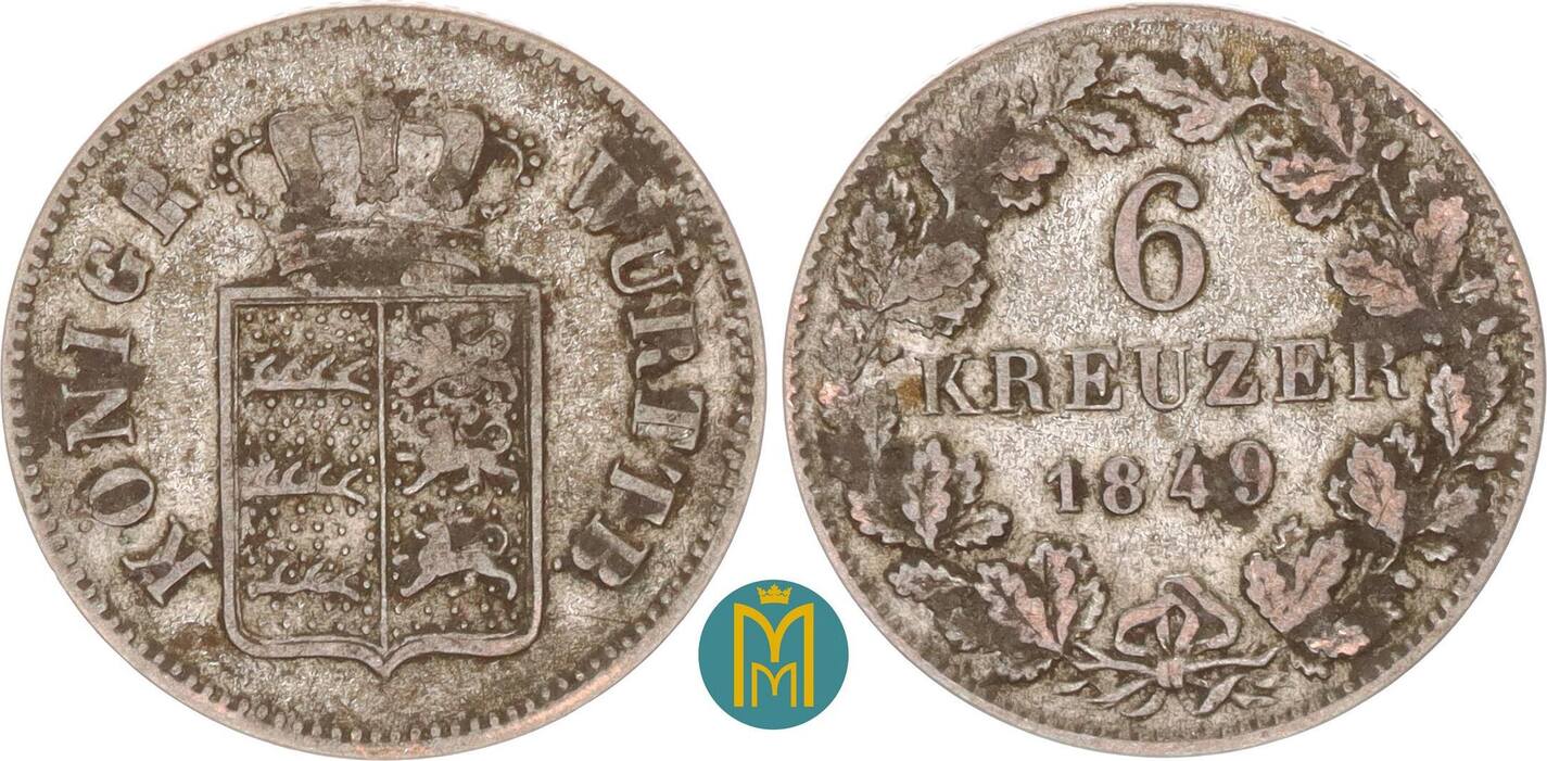 Württemberg 6 Kreuzer 1849 Wilhelm I 1816 1864 sehr schön MA Shops