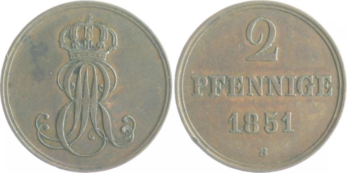 Braunschweig und Lüneburg Hannover 2 Pfennige 1851 B Ernst August