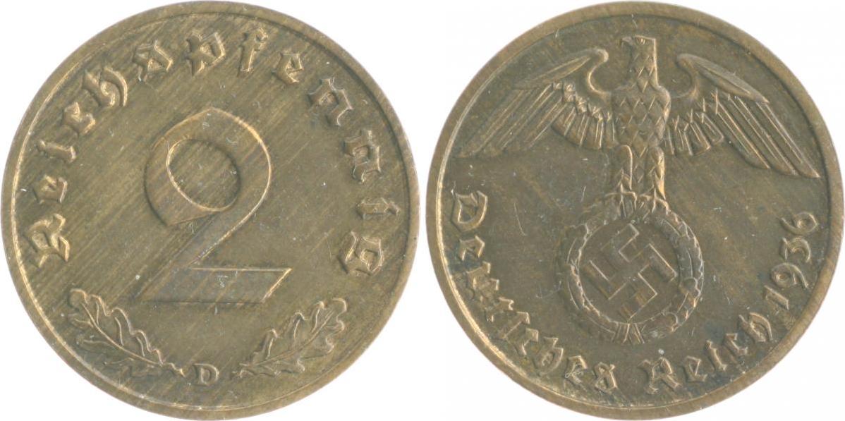 Drittes Reich 2 Reichspfennig 1936 D F Vz MA Shops