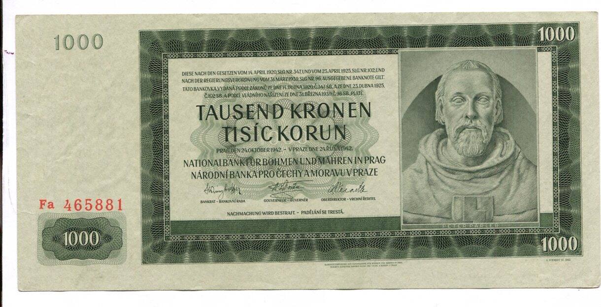 Deutsches Reich 1000 Kronen Korun 1942 Böhmen und Mähren II MA Shops