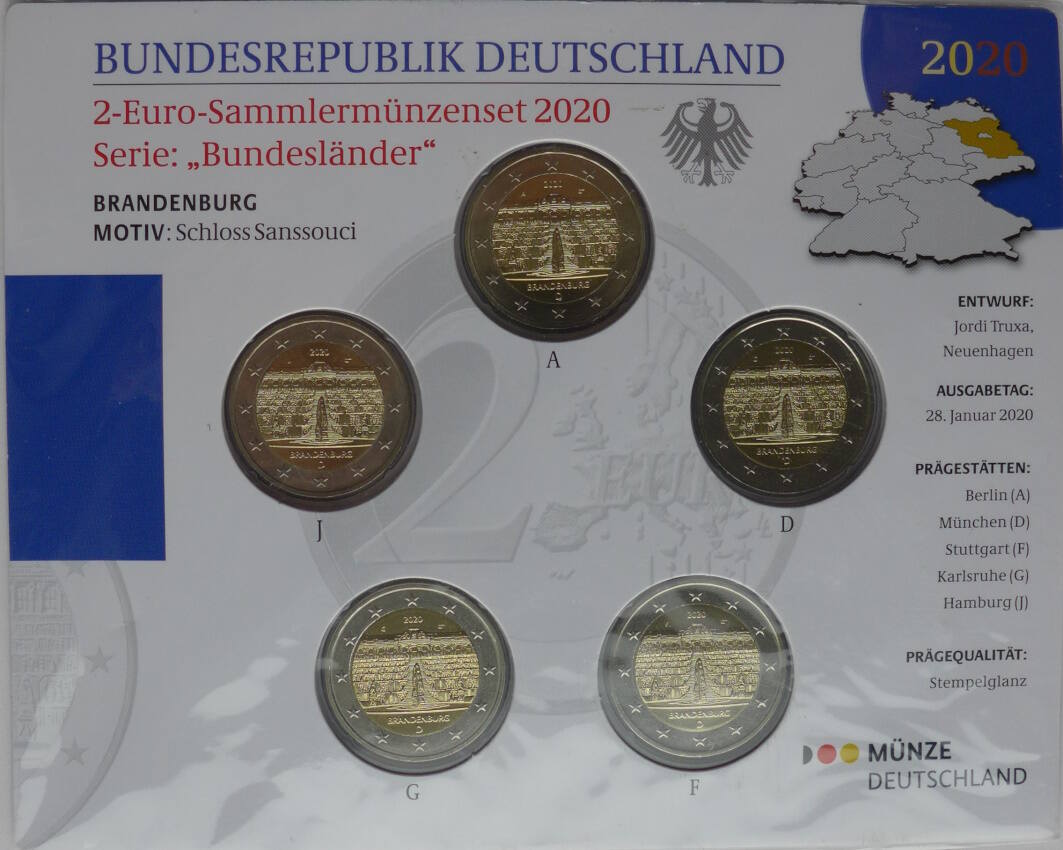 Bundesrepublik Deutschland 5 x 2 Euro 2020 A J Gedenkmünzenset