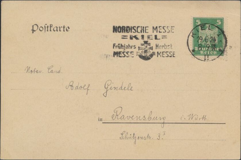 Deutsches Reich Postkarte Selt Werbestempel Kiel Nordische Messe