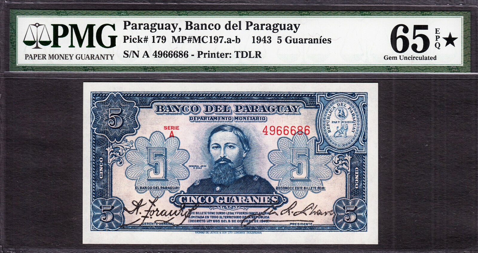 5 Guaranies 1943 Paraguay Pick 179 GEM UNC PMG 65 EPQ STAR FINEST