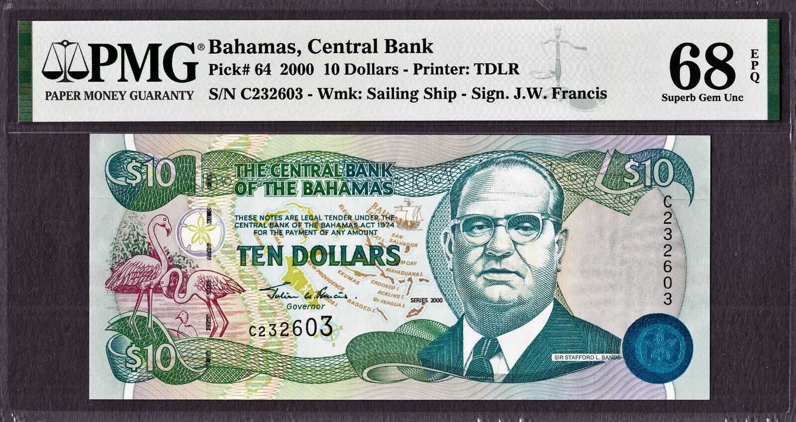 10 Dollars Bahamas 2000 Pick 64 SUPERB GEM UNC PMG 68 EPQ TOP GRADE