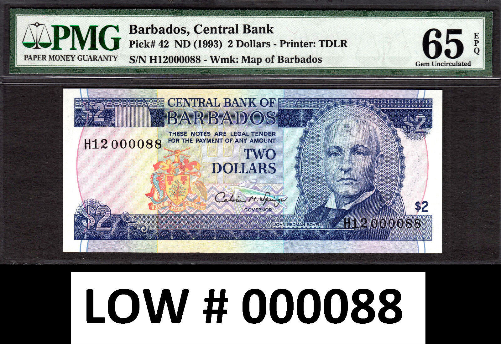 2 Dollars 1993 Barbados ND LOW Serial 000088 Pick 42 GEM UNC PMG 65 EPQ