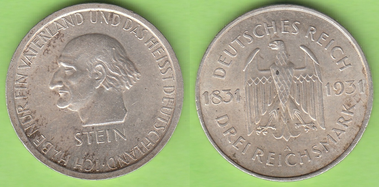 Weimarer Republik 3 Reichsmark 1931 A Freiherr Vom Stein Vz MA Shops