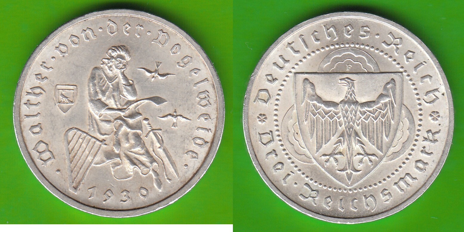 Weimarer Republik 3 Reichsmark 1930 F Walther Von Der Vogelweide Sehr