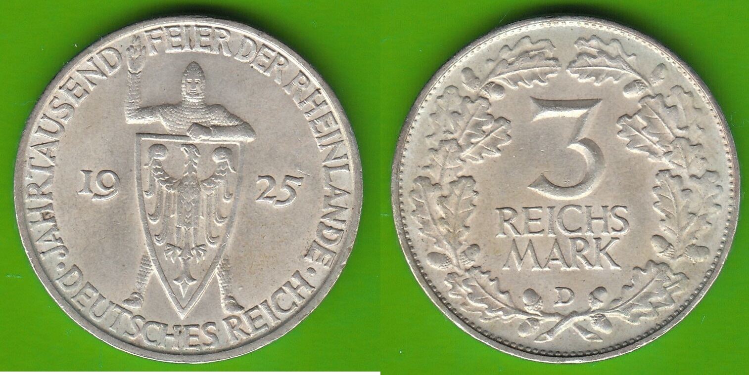 Weimarer Republik 3 Reichsmark 1925 D Jahrtausendfeier Der Rheinlande