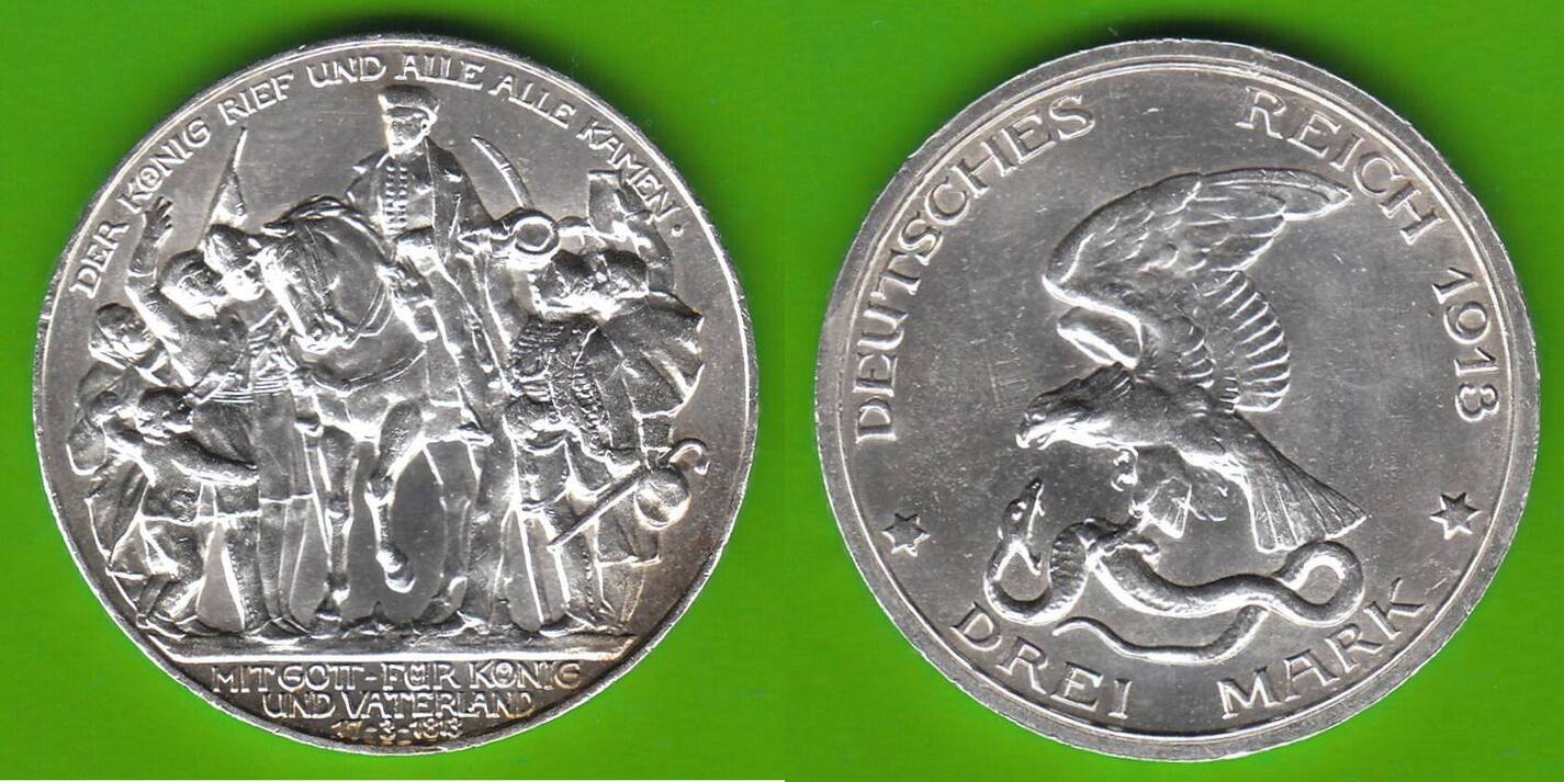 Preußen 3 Mark 1913 Wilhelm II 1888 1918 Befreiungskriege sehr