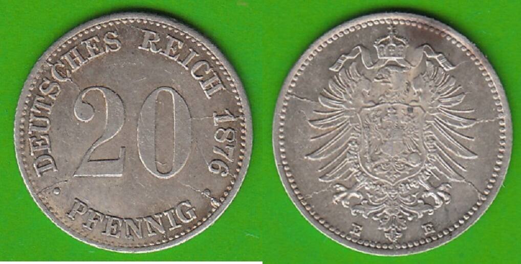 Kaiserreich 20 Pfennig 1876 E hübsch vz vz st Stempelsprünge MA Shops