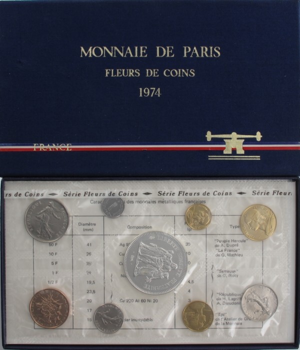 Frankreich Monnaie De Paris Uncirculated Set 1974 FDC 1974 1c Double