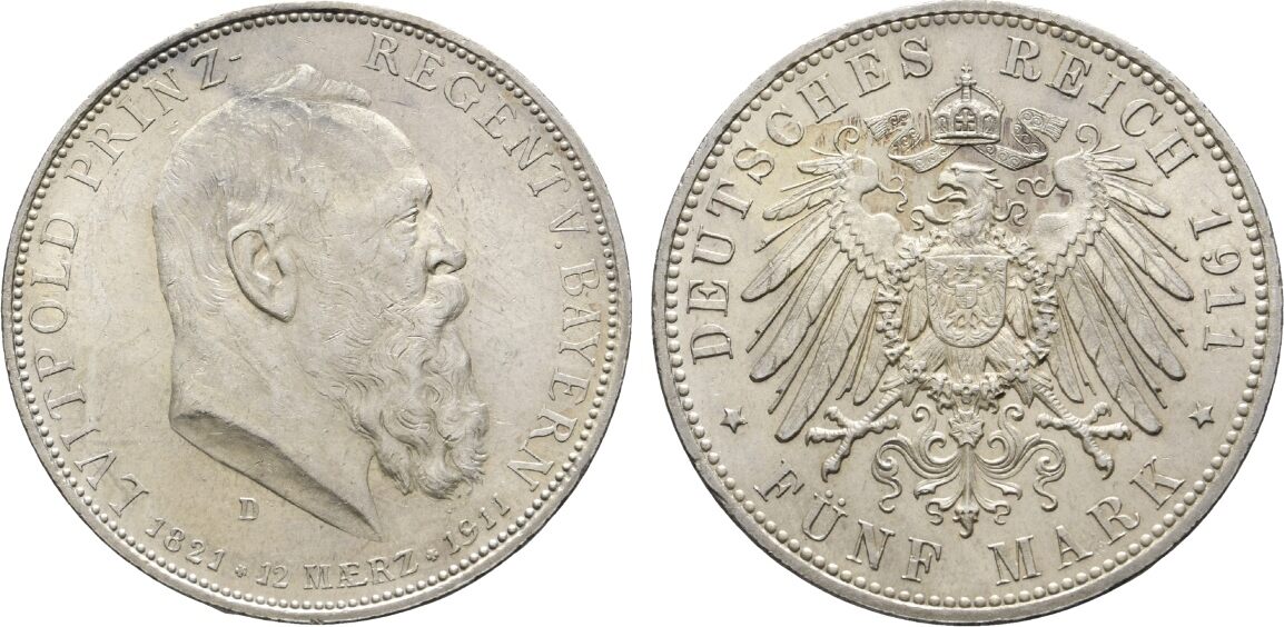 Bayern 5 Mark 1911 D Luitpold Prinzregent 1887 1912 Vorzüglich