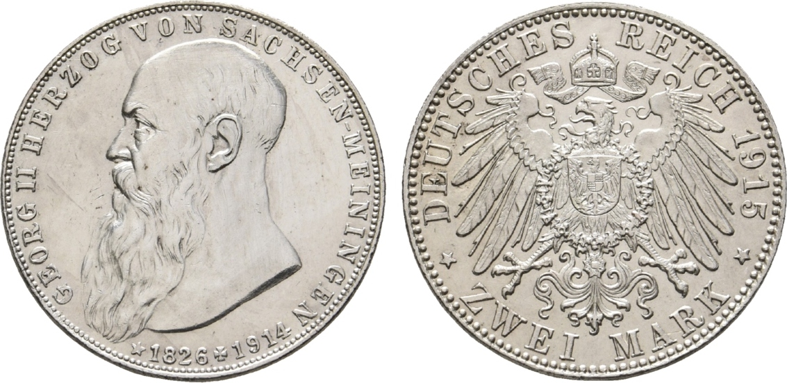 Sachsen Meiningen 2 Mark 1915 Georg II 1866 1914 Vorzüglich MA Shops