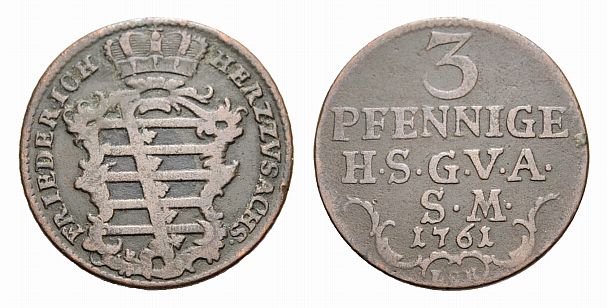 Sachsen Gotha Altenburg Cu 3 Pfennig 1761 Gotha Friedrich III 1732