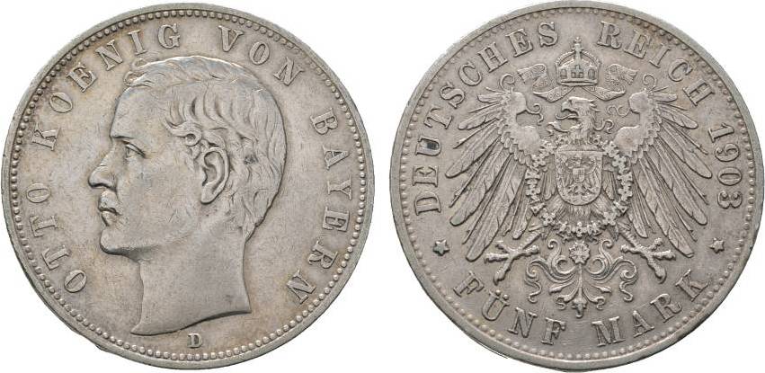 Bayern 5 Mark 1903 D Otto 1886 1913 Sehr schön MA Shops