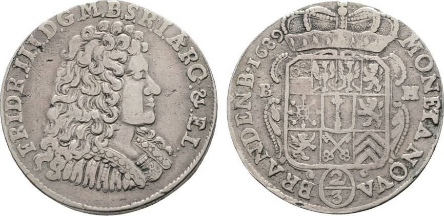 Brandenburg Preußen 2 3 Taler 1689 BH Minden Friedrich III 1688 1701