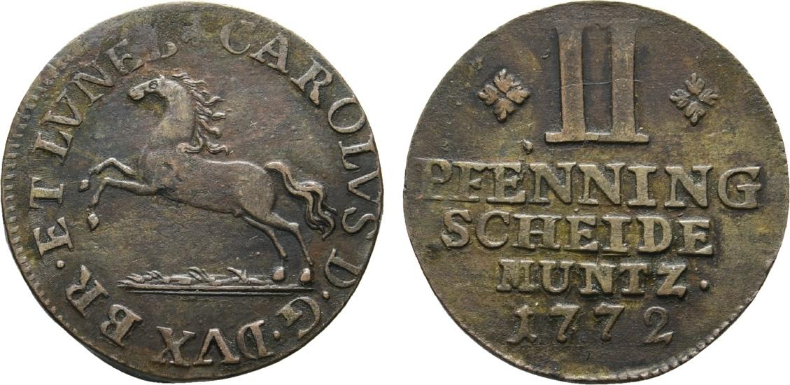 Braunschweig Wolfenbüttel Cu 2 Pfennig 1772 Braunschweig Karl I 1735