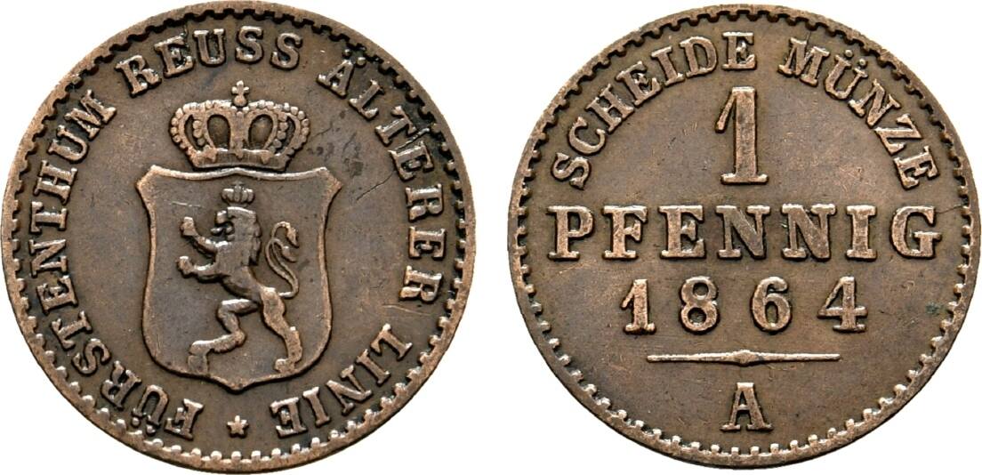 Reuss ältere Linie zu Obergreiz Cu Pfennig 1864 A Heinrich XXII 1859