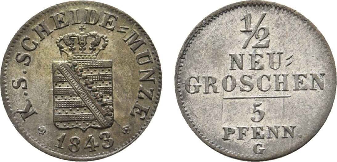 Sachsen Albertinische Linie 1 2 Neugroschen 1843 G Friedrich August II