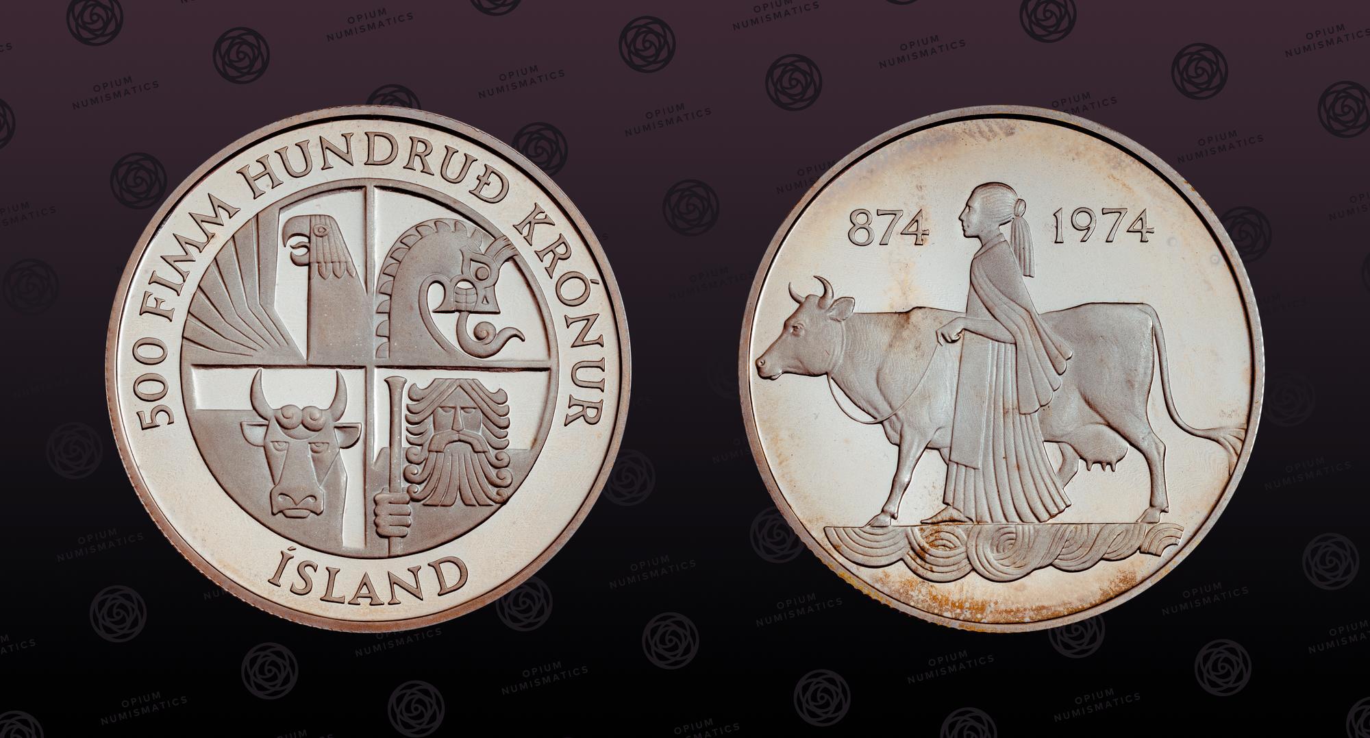 ICELAND KM 20 Silver 500 Kronur 1974 Proof 1100th Anniversary