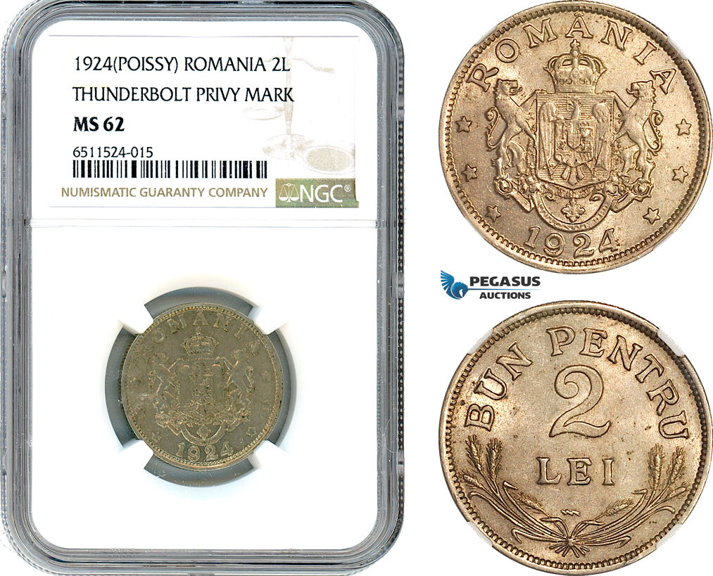 Romania 2 Lei 1924 NGC MS62 MA Shops