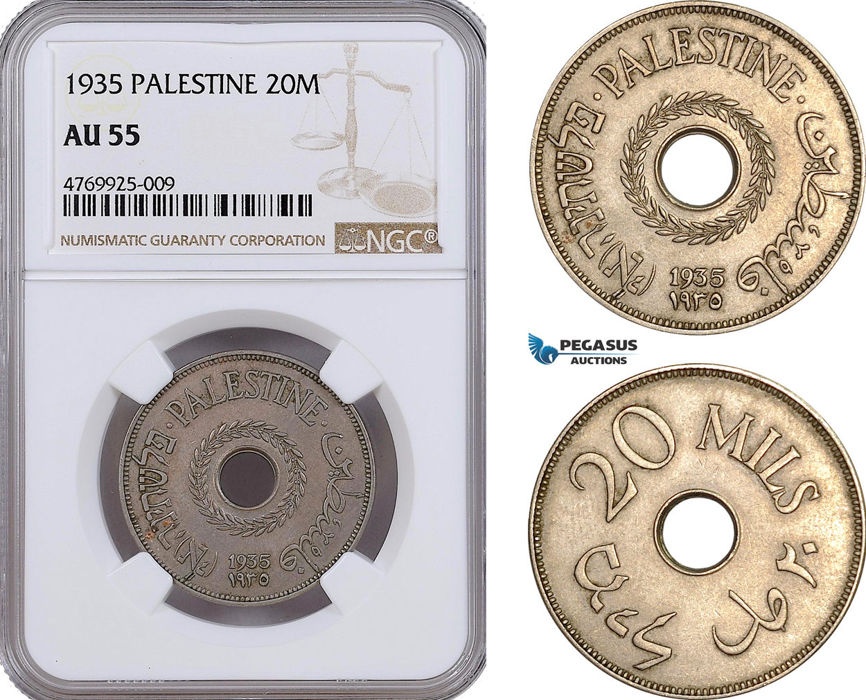 Palestine 20 Mils 1935 NGC AU55 MA Shops