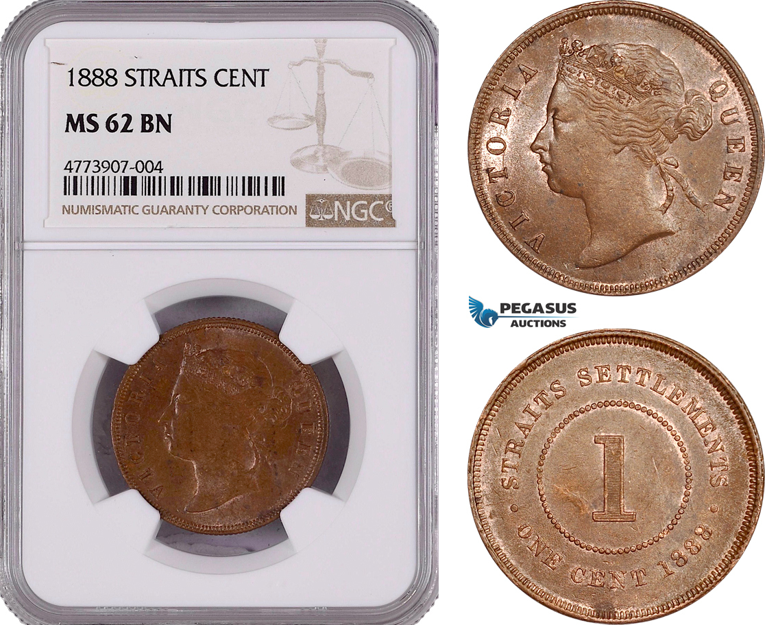 Straits Settlements 1 Cent 1888 Victoria NGC MS62BN MA Shops