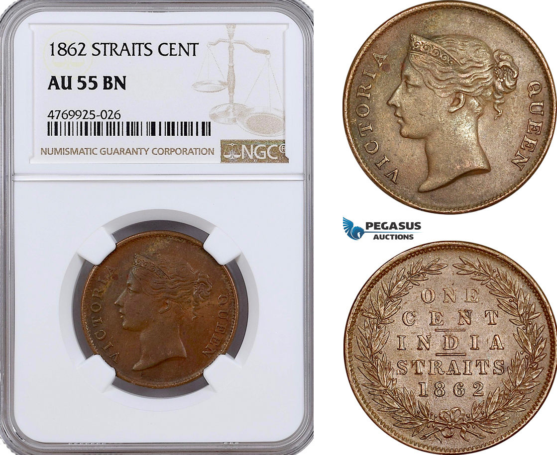 Straits Settlements 1 Cent 1862 Victoria NGC AU55BN MA Shops