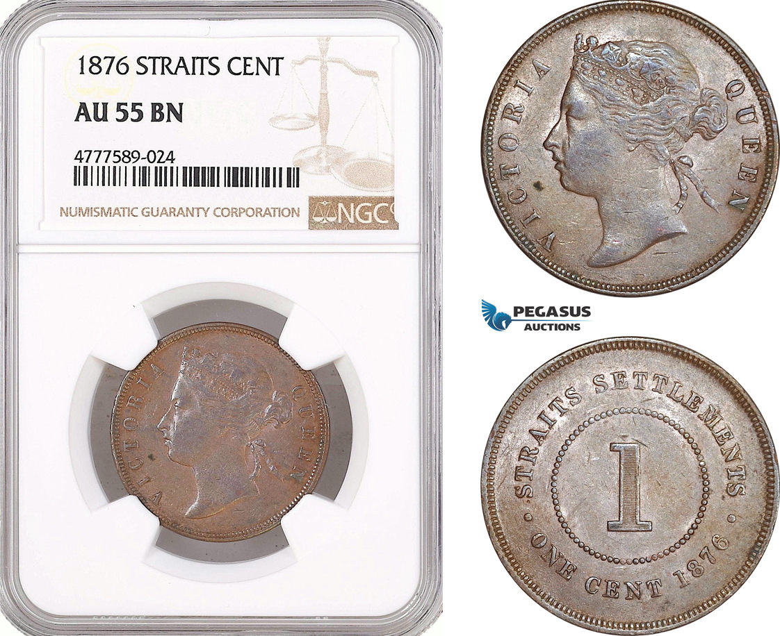 Straits Settlements 1 Cent 1876 Victoria NGC AU55BN MA Shops