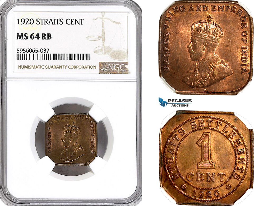 Straits Settlements 1 Cent 1920 NGC MS64RB MA Shops