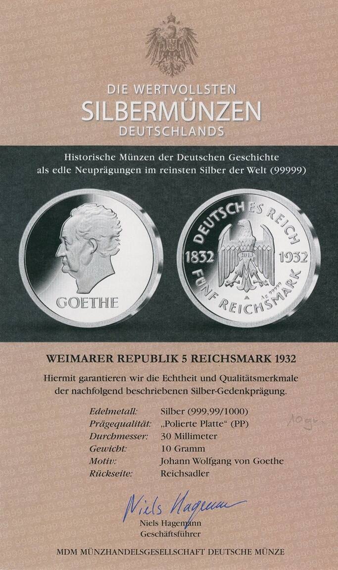 Deutsches Reich Weimar Rm Np Rm Goethe Als