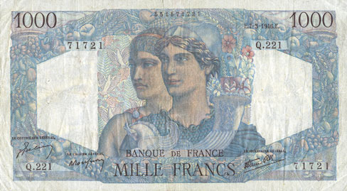 BANKNOTEN DER BANQUE DE FRANCE 7 3 1946 Banque De France Billet 1000