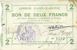 FRENCH EMERGENCY NOTES Anisy-le-Château (02). Commune. Billet. 2 francs 1915 Foto