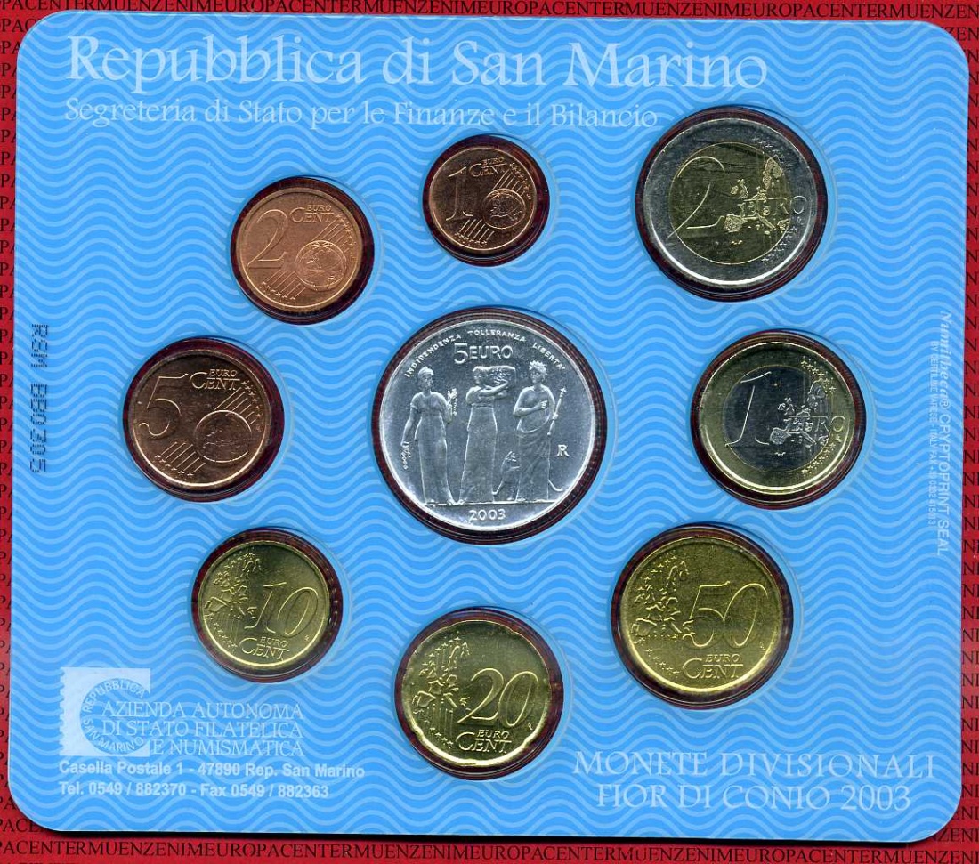 San Marino Kursmünzensatz 2003 1 Cent bis 5 Euro 9 Münzen Stgl OVP