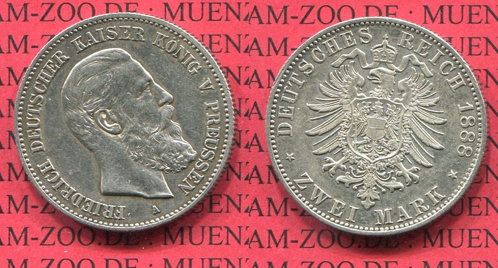 Preußen Prussia German Empire 2 Mark Silbermünze Preußen 2 Mark 1888 A