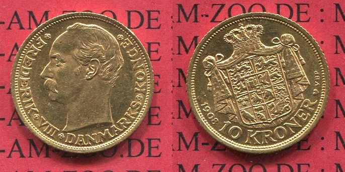 Dänemark Denmark 10 Kroner Kronen Gold 1908 Frederik VIII Kursmünze f