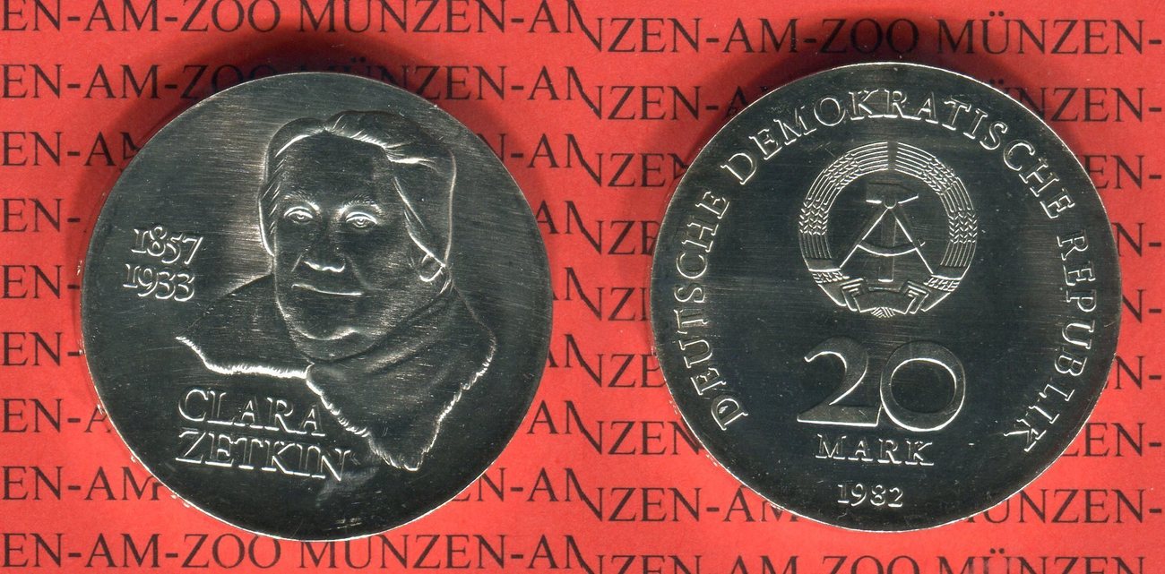 DDR 20 Mark 1982 Gedenkmünze 125 Geburtstag Clara Zetkin prägefrisch