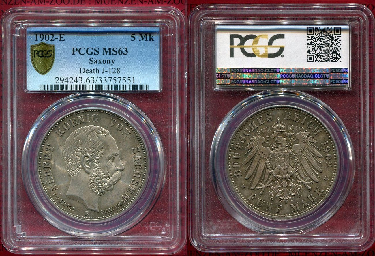 Sachsen 5 Mark 1902 E Auf den Tod von König Albert Silber PCGS MS 63