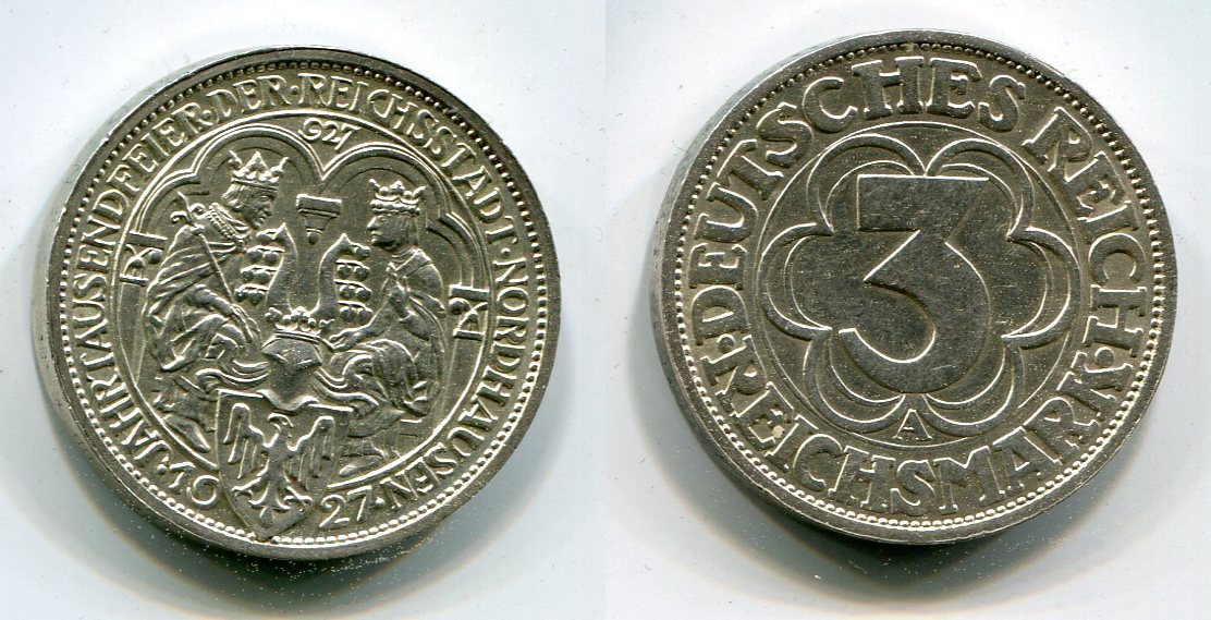 Weimarer Republik Deutsches Reich 3 Mark 1927 A Jahrtausendfeier