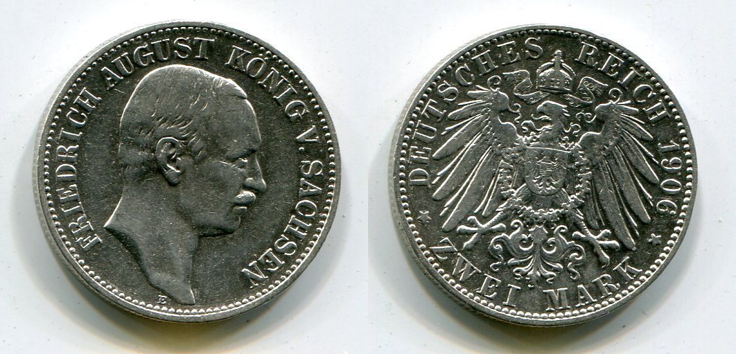 Sachsen Saxony German Empire 2 Mark 1906 Friedrich August Kursmünze