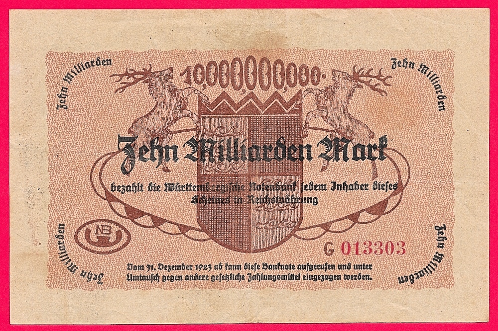 Deutsches Reich 10 Milliarden Mark Laenderbanknote Serie G Einzuloesen