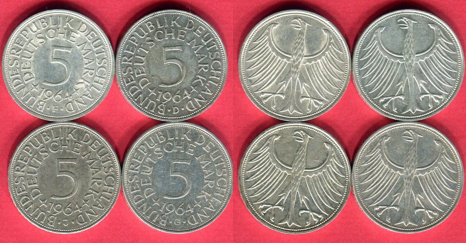 Bundesrepublik Deutschland 4 X 5 DM Silberadler Komplett 1964 4 X 5