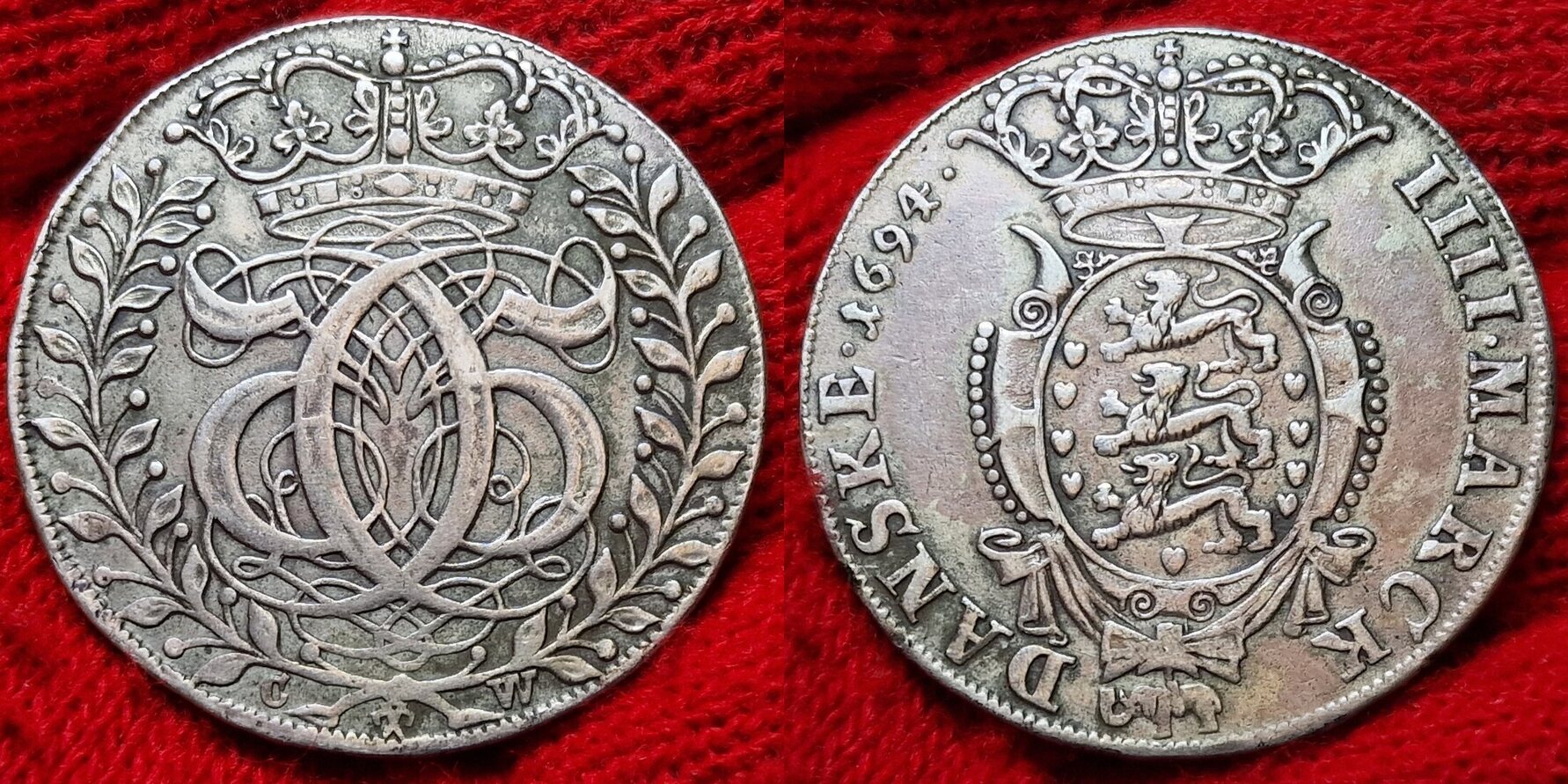 Denmnark Dänemark Krone zu 4 Mark 1694 CW Christian V 1670 1699